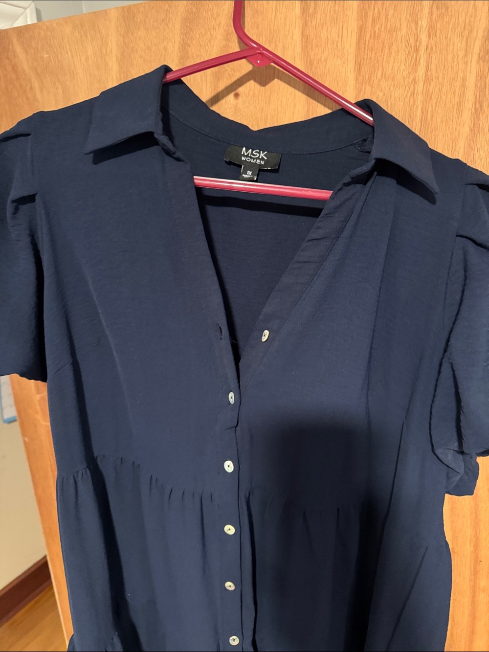 MSK Navy Short-Sleeve Button-Front Blouse